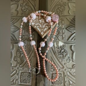 New Pink Pearl Beaded Phone Crossbody Chain with Pom Pom Accents